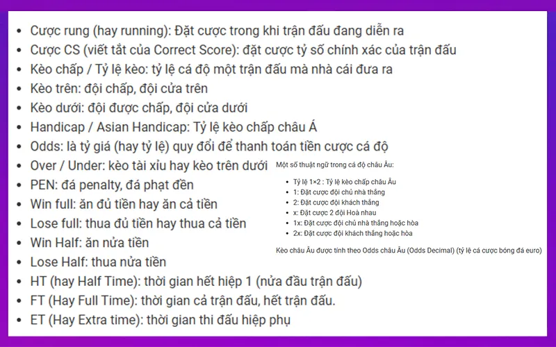Minh họa bảng kèo cá độ bóng đá và thuật ngữ đi kèm